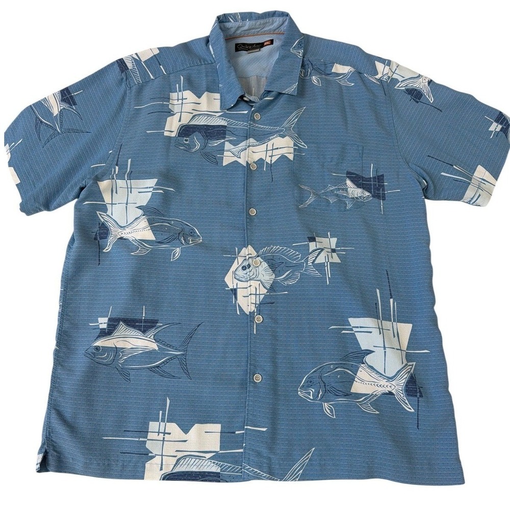 Quiksilver Waterman‎ Shirt Mens XXL Blue Fish Print Hawaiian Button Up Short